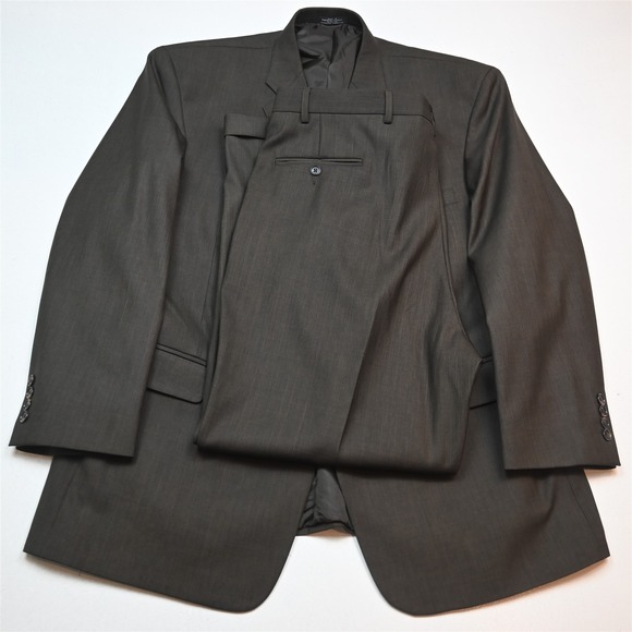 Vtg 2000s Y2K Boxy 48R 40x30 Brown Sharkskin Mens Jacket Pants Suit